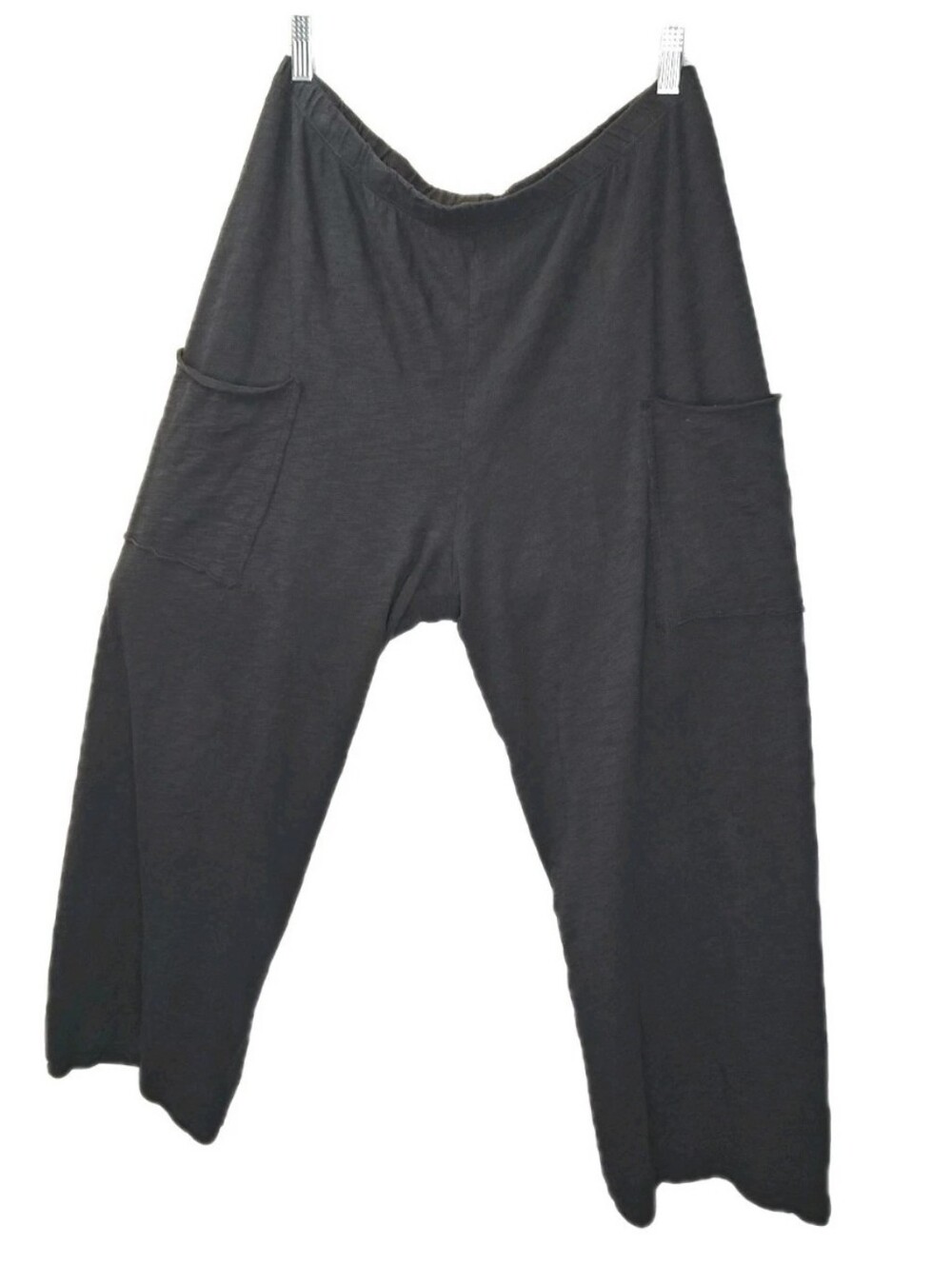 Escape Wide Leg Capri Pants Sz L Black Gauzy Side Patch Pockets Resort Lagenlook